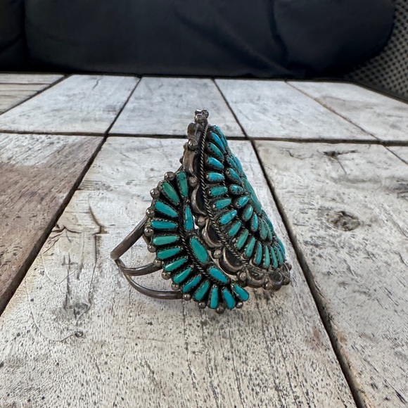 Stunning Sterling Silver and Turquoise Cluster Bracelet  J & E Vintage Sterling Silver cluster Turquoise & Silver Statement Cuff Bracelet